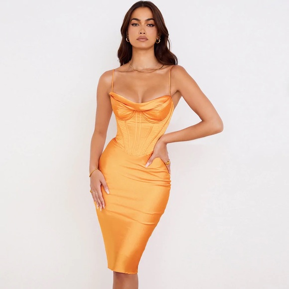 GLOSSY SATIN COWL NECK UNDERWIRE BUSTIER CORSET MIDI DRESS - BURNT ORANGE - Picture 1 of 4